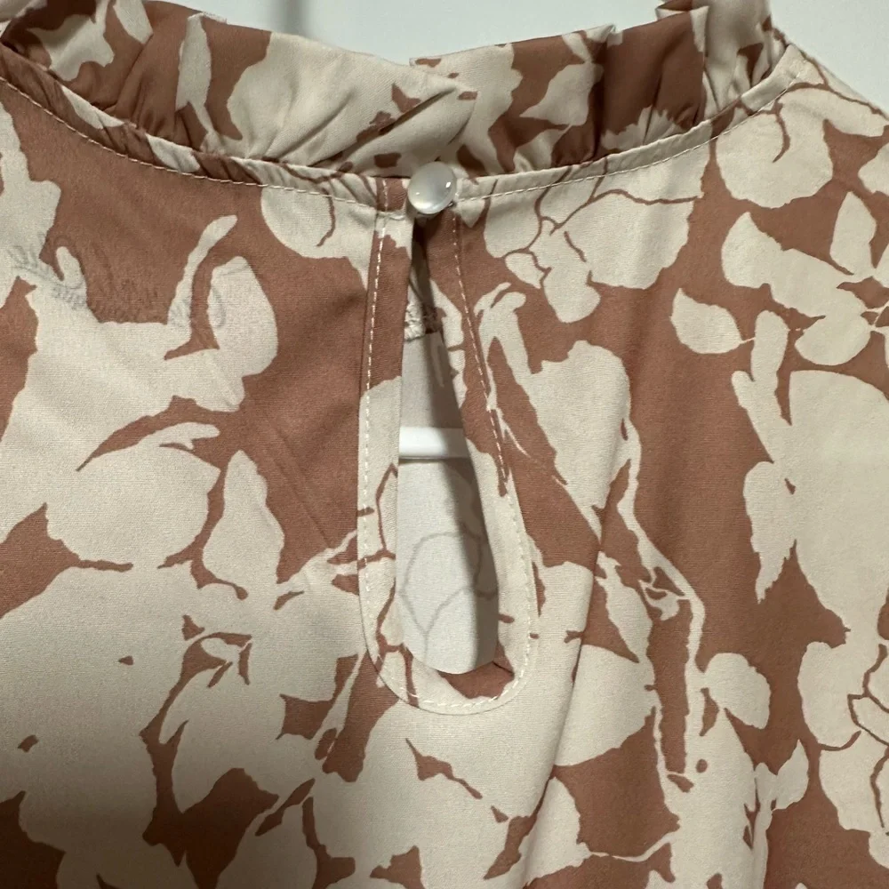 Ruffled Long Sleeve Blouse with Mandarin Collar in Brown and Orange